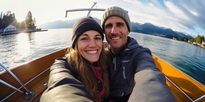 casal dentro amor em uma barco selfie foto