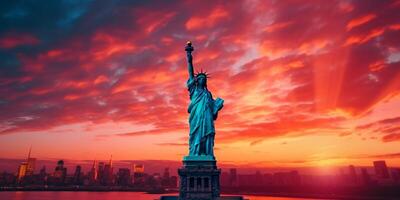 estátua da liberdade ao pôr do sol foto