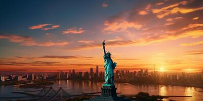 estátua da liberdade ao pôr do sol foto