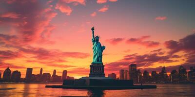 estátua da liberdade ao pôr do sol foto