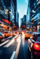 amarelo Táxi carro dentro tráfego em uma cidade rua lento movimento foto