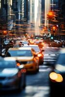 amarelo Táxi carro dentro tráfego em uma cidade rua lento movimento foto