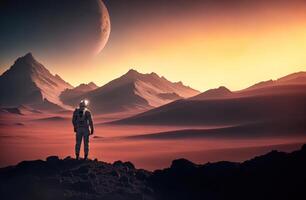 astronauta dentro uma traje espacial em a vermelho planeta foto