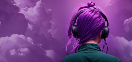 menina dentro fones de ouvido com roxa cabelo escuta para música em uma roxa fundo costas visualizar, bandeira foto