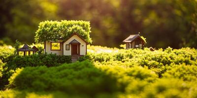modelo do uma pequeno de madeira casa com uma musgo cobertura em uma verde borrado fundo bandeira foto