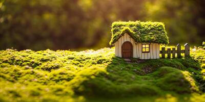 modelo do uma pequeno de madeira casa com uma musgo cobertura em uma verde borrado fundo bandeira foto