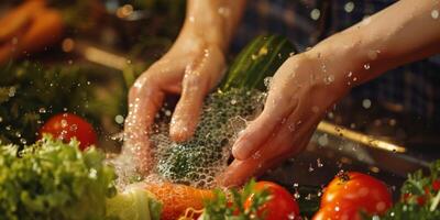 mãos lavar legumes espirrando água foto