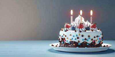 aniversário bolo com velas em uma avião fundo foto