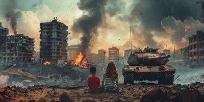 crianças sentado dentro frente do uma arruinado arruinado cidade foto