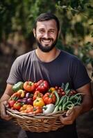 agricultor segurando legumes e frutas dentro dele mãos foto