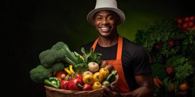 agricultor segurando legumes e frutas dentro dele mãos foto