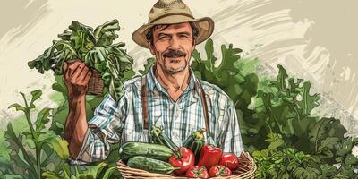 agricultor segurando legumes e frutas dentro dele mãos foto