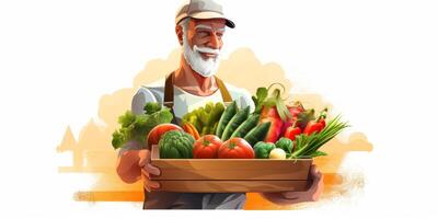 agricultor segurando legumes e frutas dentro dele mãos foto