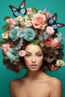 jovem mulher com uma guirlanda do flores em dela cabeça foto