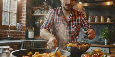 homem cozinhando dentro a cozinha foto