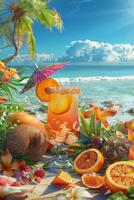 exótico fruta coquetéis em a de praia foto