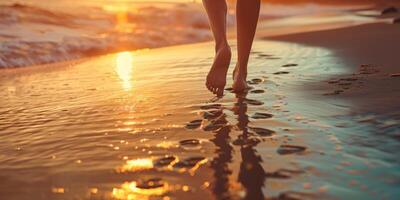 fêmea pés dentro a areia em a de praia foto