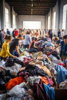 doação do voluntário assistência caixas com roupas produtos para a pobre foto