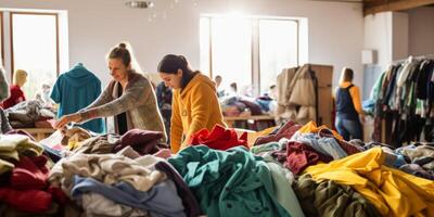 doação do voluntário assistência caixas com roupas produtos para a pobre foto