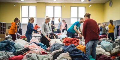 doação do voluntário assistência caixas com roupas produtos para a pobre foto