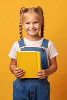 criança com mochila e livros costas para escola foto