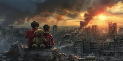 crianças contra a pano de fundo do uma destruído cidade foto