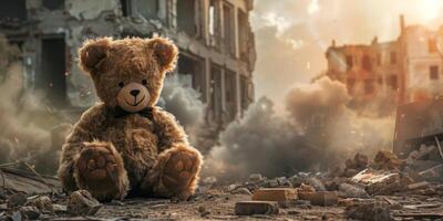 Urso de pelúcia Urso contra do uma destruído cidade foto