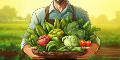 agricultor com uma cesta do legumes dentro dele mãos foto
