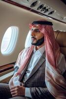 árabe homem de negocios dentro uma privado jato foto