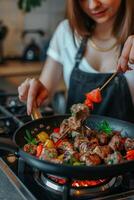 mulher cozinhando na cozinha foto