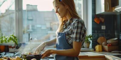 mulher cozinhando na cozinha foto