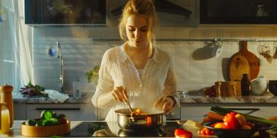 mulher cozinhando na cozinha foto