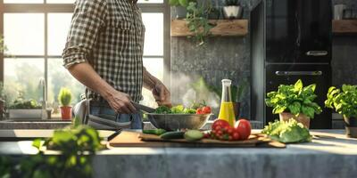 homem cozinhando dentro a cozinha foto