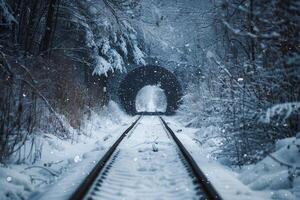 Nevado túnel com alongamento estrada de ferro foto