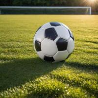 futebol bola em a verde Relva do futebol campo com Sol flare foto