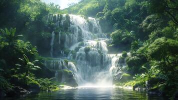 uma cascata cercado de uma denso selva com exuberante vegetação e pedras foto
