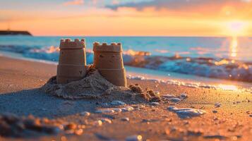 uma areia castelo é construído em a de praia com a Sol brilhando em isto foto