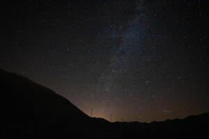 leitoso caminho sobre a silhueta do a colinas e cidade luzes às noite foto