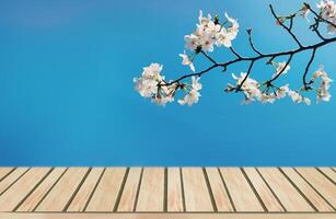 de madeira mesa com cereja Flor fundo para produtos mostrar, japonês sakura, Primavera fundo foto