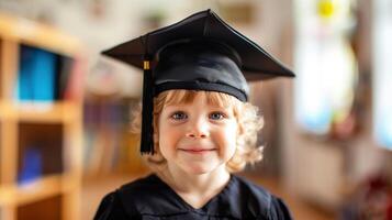 uma jovem criança vestindo uma Preto graduação boné e vestido é sorridente foto