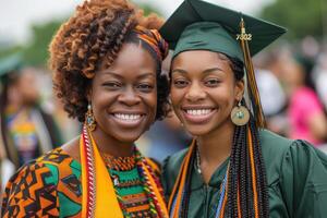 africano mãe e filha estão sorridente e vestindo graduação vestidos foto