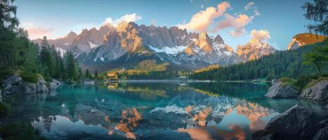 uma lindo montanha alcance com uma lago dentro a primeiro plano foto