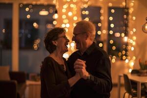 feliz Senior casal dançando e rindo às uma festa foto