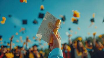 uma pessoa é segurando uma diploma e uma boné enquanto vôo através a ar foto