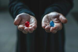 dois pílulas, 1 vermelho e 1 azul, estão ser mantido dentro uma pessoas mãos foto