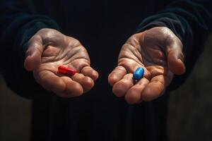 dois pílulas, 1 vermelho e 1 azul, estão ser mantido dentro uma pessoas mãos foto