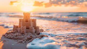 uma areia castelo é construído em a de praia com a Sol brilhando em isto foto