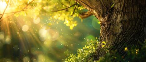uma árvore com folhas e uma tronco é dentro a luz solar foto