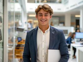 uma jovem homem dentro uma terno e gravata é sorridente e segurando uma caderno foto