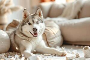 siberian rouco, quebrado vaso fragmentos do porcelana por aí a cachorro dentro uma moderno casa vivo quarto área foto